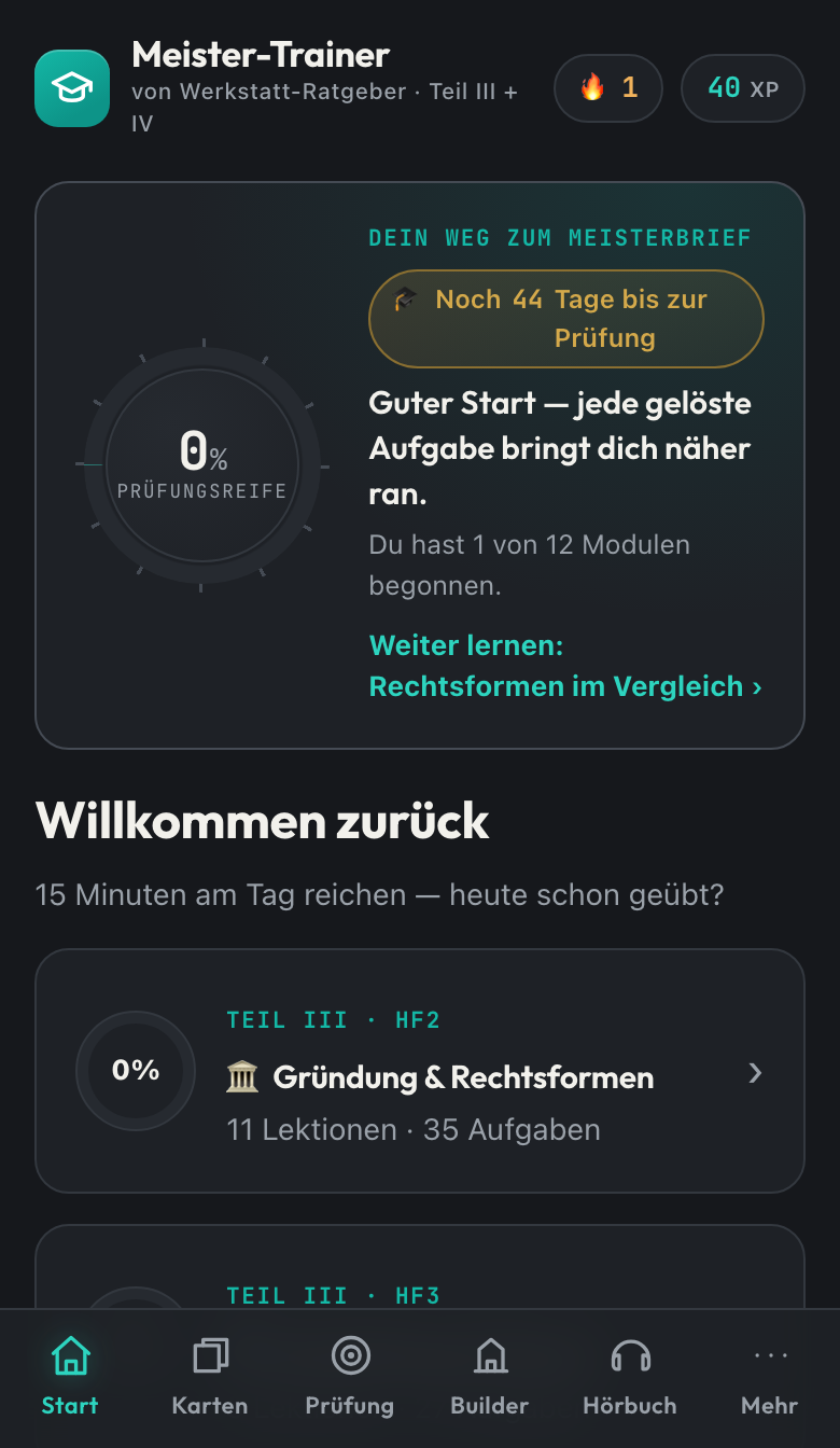 Meister-Trainer App — Dashboard mit Lernfortschritt